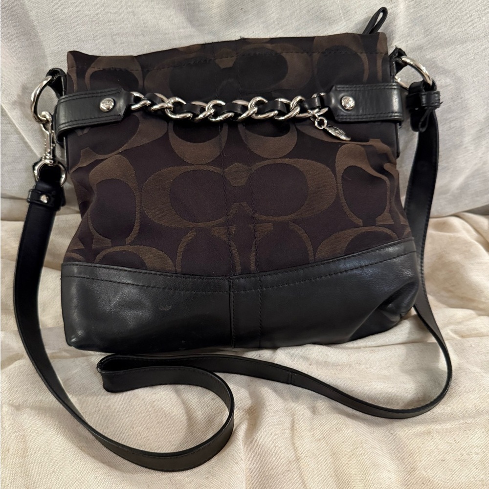 Coach Black and Brown Shoulder Bag with Chain Accent